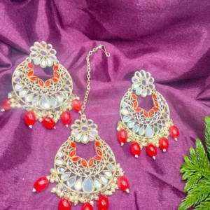 Traditional Earring & Maangtikka Set For Women/ Pearl Studded Chandbali Earrings and Maang Tikka Set Traditional Jewelry for Girls & Women
